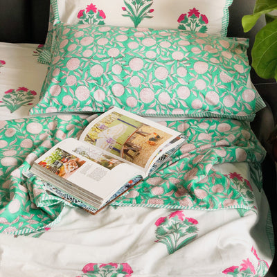 Pink and Green Floral Double Bed Bedsheet-Bedsheets-House of Ekam