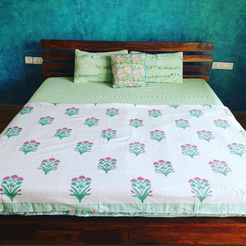 Pink and Green Floral Double Bed Bedsheet-Bedsheets-House of Ekam