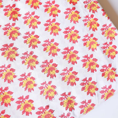 Pink and Yellow Floral Blockprint Cotton Fabric (min. 2m)-fabric-House of Ekam