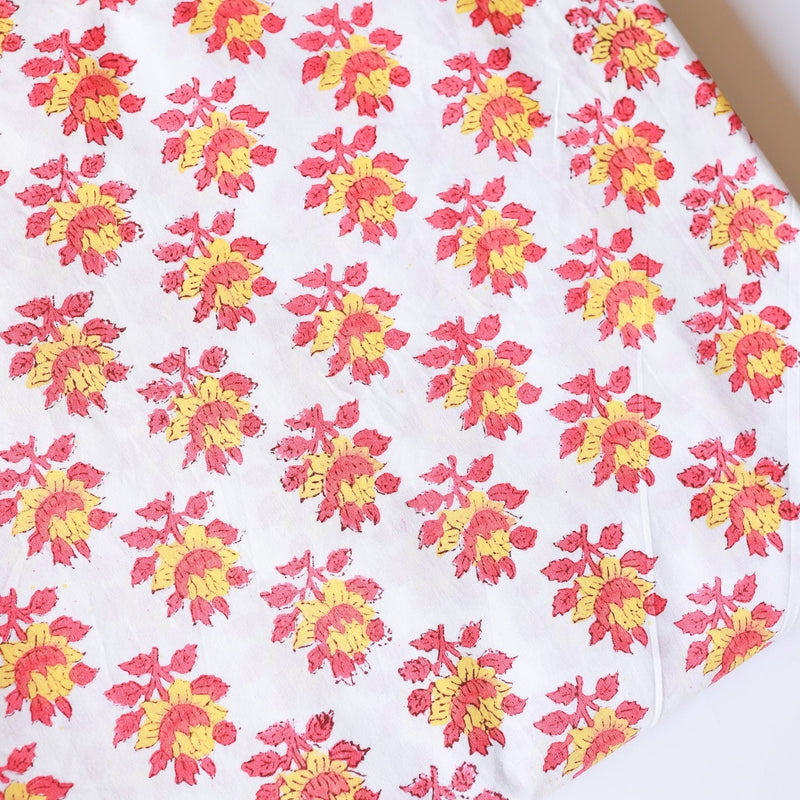 Pink and Yellow Floral Blockprint Cotton Fabric (min. 2m)-fabric-House of Ekam