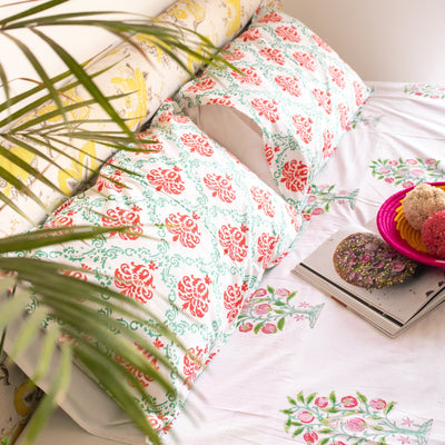 Pomegranate Pink and Green Double Bed Bedsheet-Bedsheets-House of Ekam