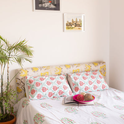 Pomegranate Pink and Green Double Bed Bedsheet-Bedsheets-House of Ekam