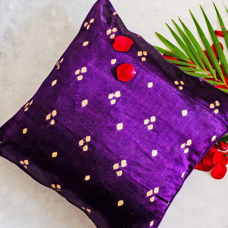 Purple Bandhni Mashru Silk Cushion Cover-Cushion Covers-House of Ekam