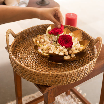 Rattan Round Serving Tray with Handle-Tray-House of Ekam