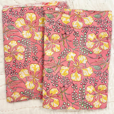 Red Hibiscus Blockprint Cotton Fabric (min. 2m)-fabric-House of Ekam