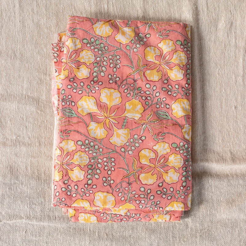 Red Hibiscus Blockprint Cotton Fabric (min. 2m)-fabric-House of Ekam