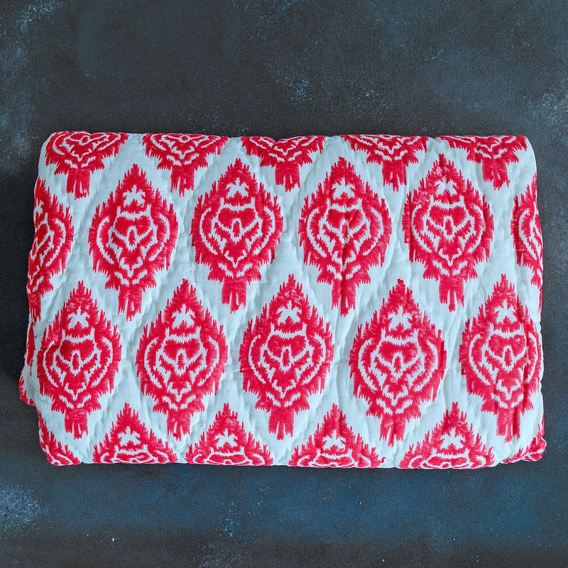 Red Ikat Print Double Bed Jaipuri Reversible Quilt-Quilt Set-House of Ekam