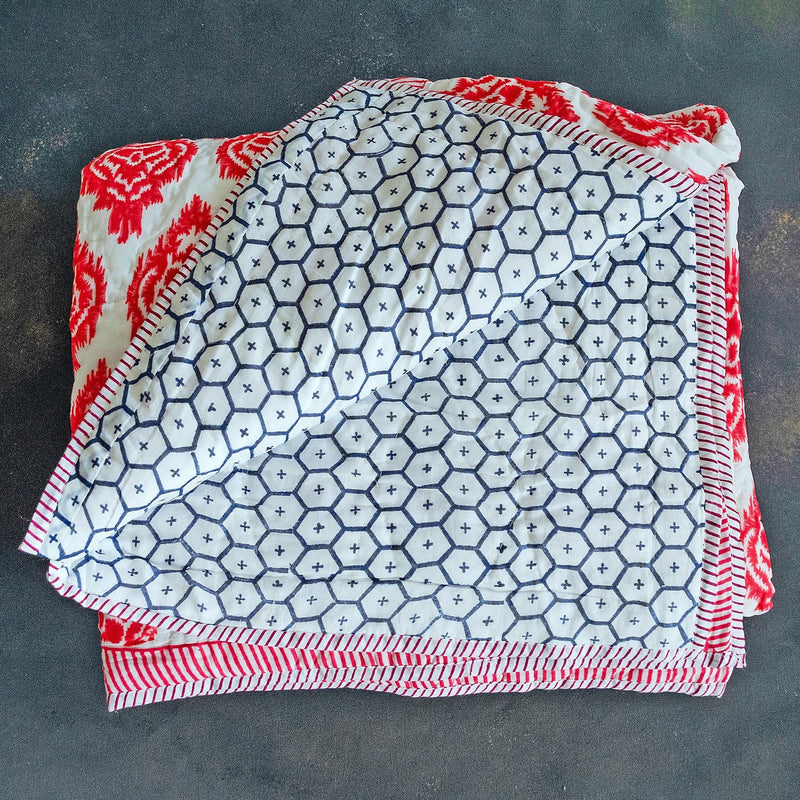 Red Ikat Print Double Bed Jaipuri Reversible Quilt-Quilt Set-House of Ekam