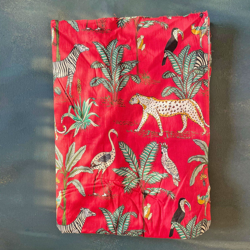 Red Tropical Safari Hand Screenprinted Cotton Fabric (min. 2m)-fabric-House of Ekam