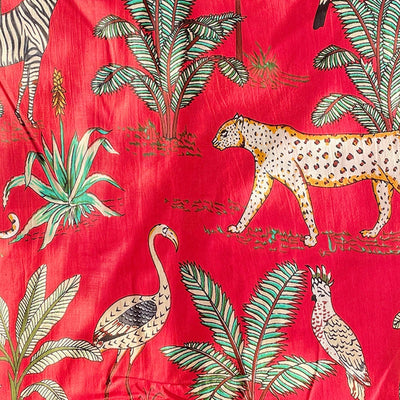 Red Tropical Safari Hand Screenprinted Cotton Fabric (min. 2m)-fabric-House of Ekam