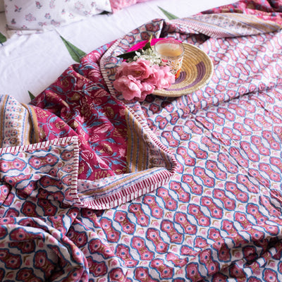Ruby Floral Jaal Reversible Double Bed Dohar-Quilt set-House of Ekam