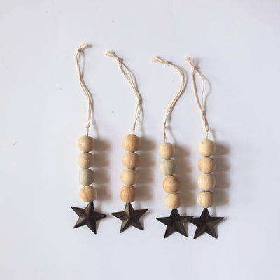 Rustic Wooden Bead With Star Christmas Ornament Set of 2-Ornaments-House of Ekam
