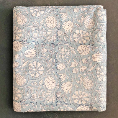 Sky Blue Floral Blockprint Cotton Fabric (min. 2m)-fabric-House of Ekam