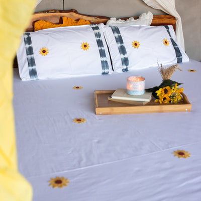 Sunflower Field Embroidered Double Bed Bedsheet-Bedsheets-House of Ekam