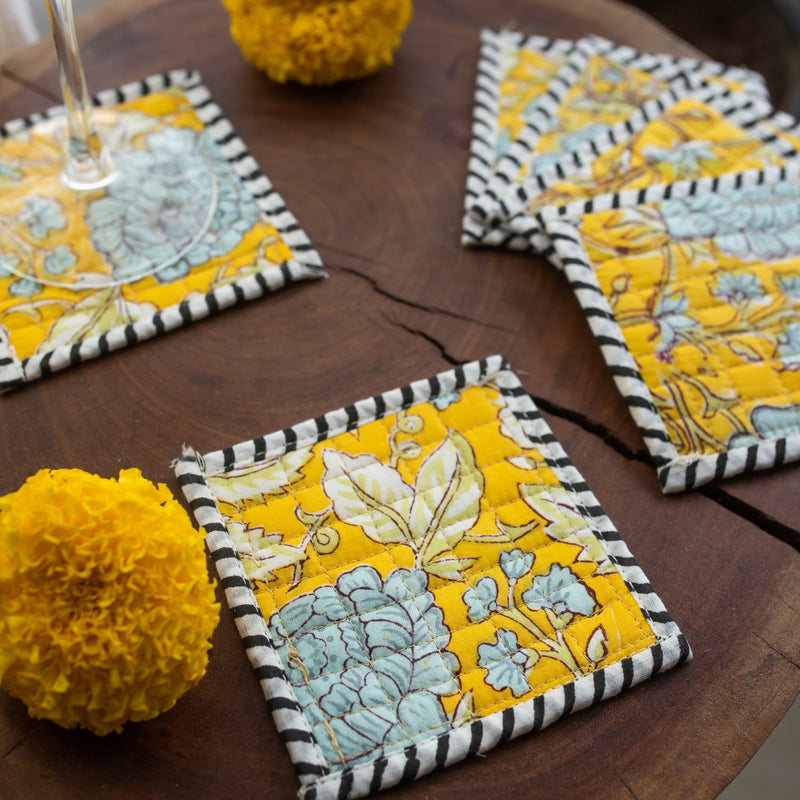 Sunshine Yellow Fabric Coaster Set of 6-Coasters-House of Ekam