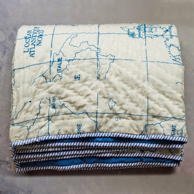 The Traveler Map Double Bed Jaipuri Reversible Quilt Set- Small Defect-Quilt Set-House of Ekam