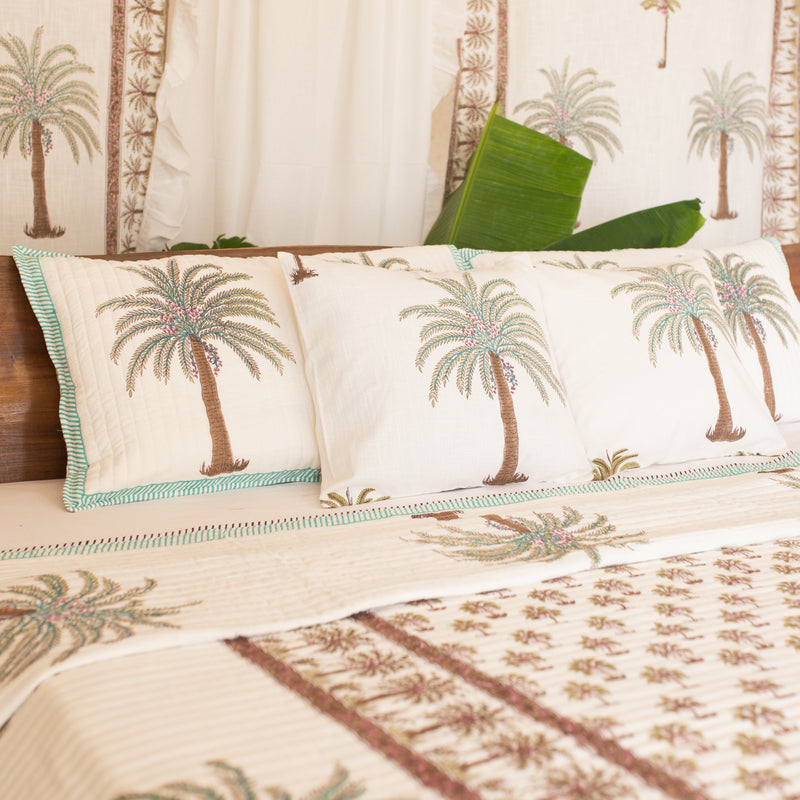 Tropical Date Palm Blockprinted Bedcover-Quilt Set-House of Ekam