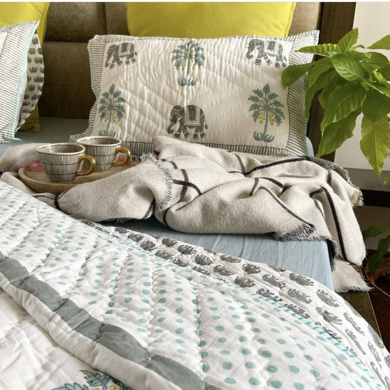 Tropical Elephant and Palm Double Bed Jaipuri Reversible Quilt Set-Quilt Set-House of Ekam