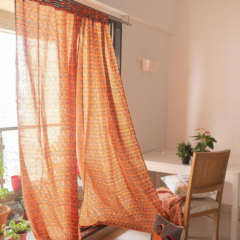 Udaipur Buti Orange Floral Curtains-Curtains-House of Ekam