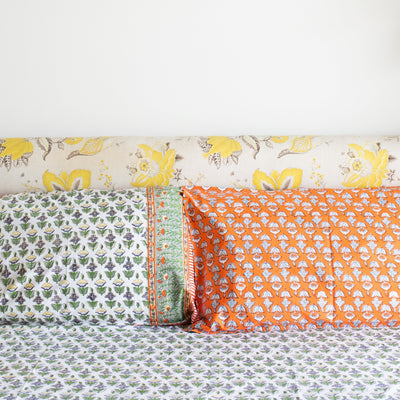 Udaipur Buti Orange & Green Double Bed Bedsheet-Bedsheets-House of Ekam
