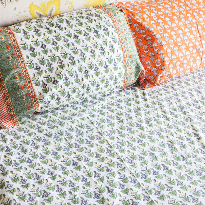 Udaipur Buti Orange & Green Double Bed Bedsheet-Bedsheets-House of Ekam