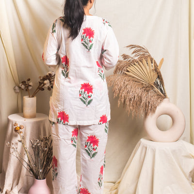 White And Pink Floral Blockprinted Loungewear Pyjama Set-loungewear-House of Ekam