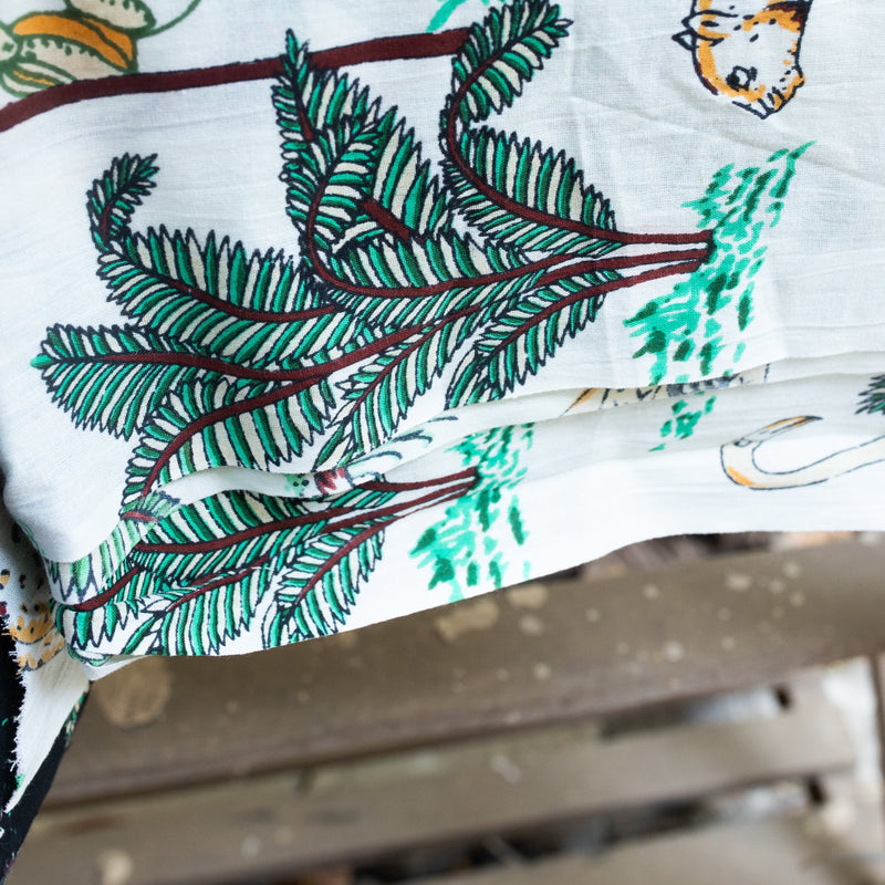 White Tropical Safari Hand Screenprinted Cotton Fabric (min. 2m)-fabric-House of Ekam