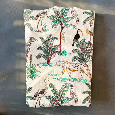 White Tropical Safari Hand Screenprinted Cotton Fabric (min. 2m)-fabric-House of Ekam