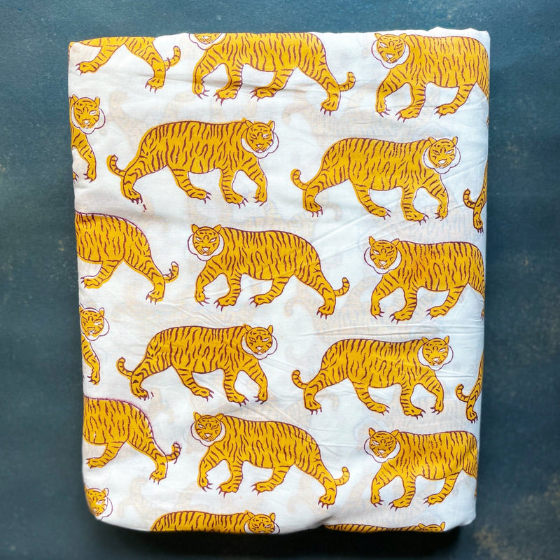 White and Yellow Tiger Blockprint Cotton Fabric (min. 2m)-fabric-House of Ekam