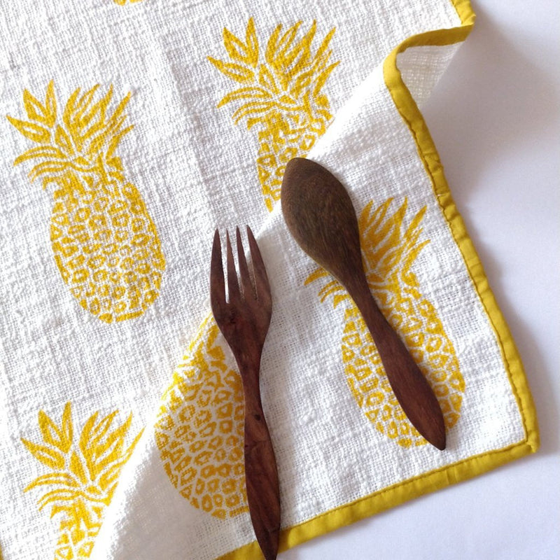 Yellow Blockprinted Pineapple Tea Towel Set-Tea Towels-House of Ekam