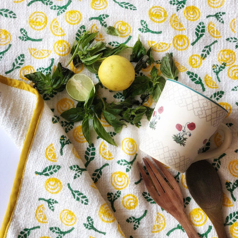 Yellow & Green Blockprinted Lemon Tea Towel Set-Tea Towels-House of Ekam