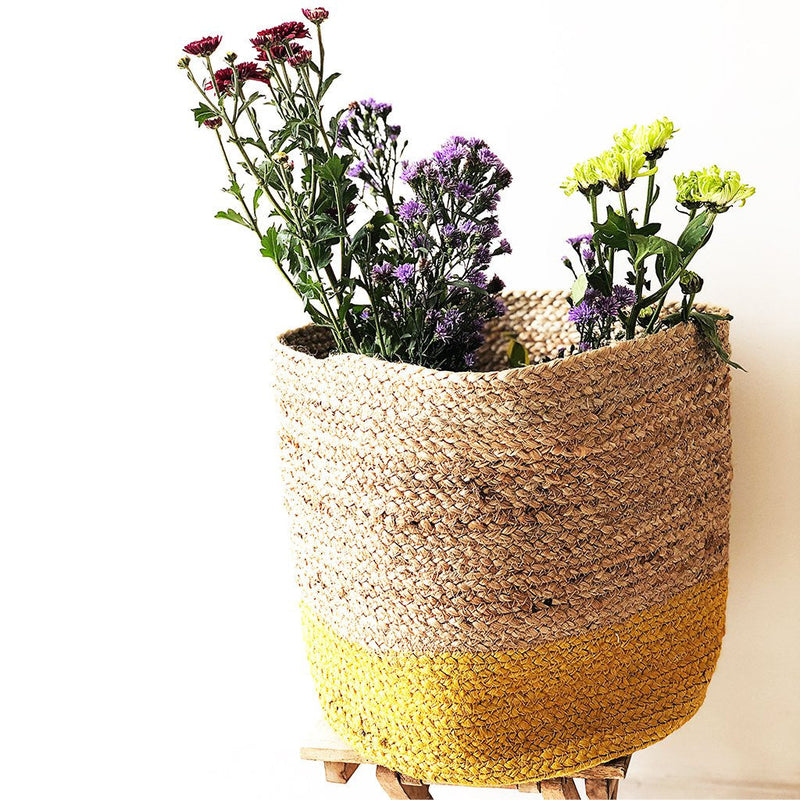 Yellow Jute Planter cum Storage Basket (S,M,L)-Jute Planters Cum Storage Baskets-House of Ekam
