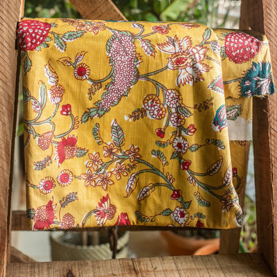Yellow Multifloral Jaal Hand Screen Print Cotton Fabric-fabric-House of Ekam