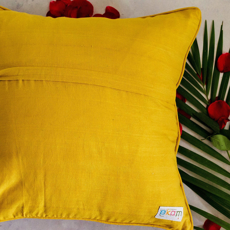 Yellow Peacock Print Mashru Silk Cushion Cover-Cushion Covers-House of Ekam