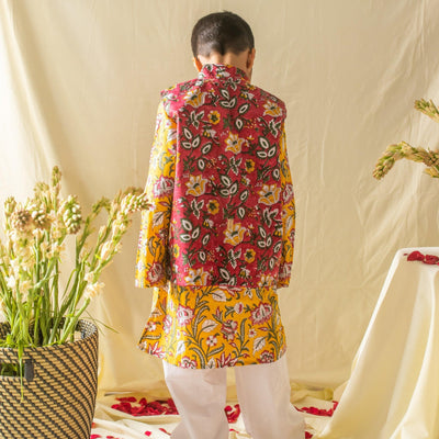 Yellow & Pink Floral Jall Printed Boys Kurta with Waist Coat and Pyjama-Kidswear-House of Ekam