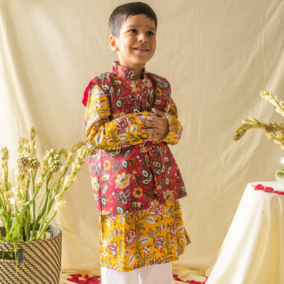 Yellow & Pink Floral Jall Printed Boys Kurta with Waist Coat and Pyjama-Kidswear-House of Ekam