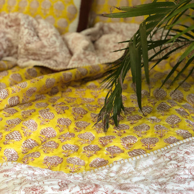 Yellow Pomegranate Double Bed Jaipuri Reversible Quilt Set-Quilt Set-House of Ekam
