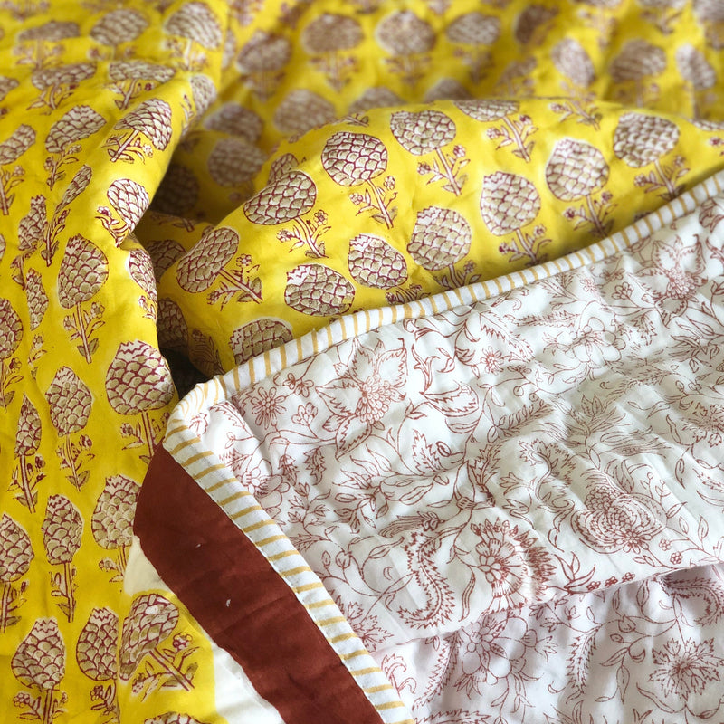 Yellow Pomegranate Double Bed Jaipuri Reversible Quilt Set-Quilt Set-House of Ekam