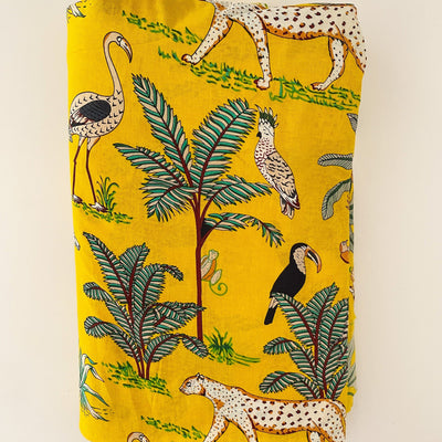 Yellow Tropical Safari Hand Screenprinted Cotton Fabric (min. 2m)-fabric-House of Ekam