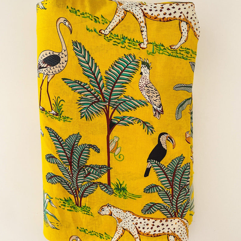 Yellow Tropical Safari Hand Screenprinted Cotton Fabric (min. 2m)-fabric-House of Ekam