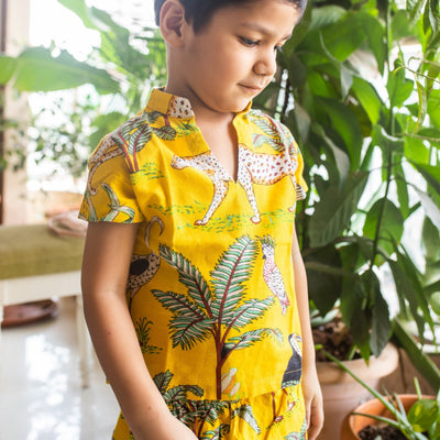 Yellow Tropical Safari Screenprint Boys Nightsuit Set-Kidswear-House of Ekam