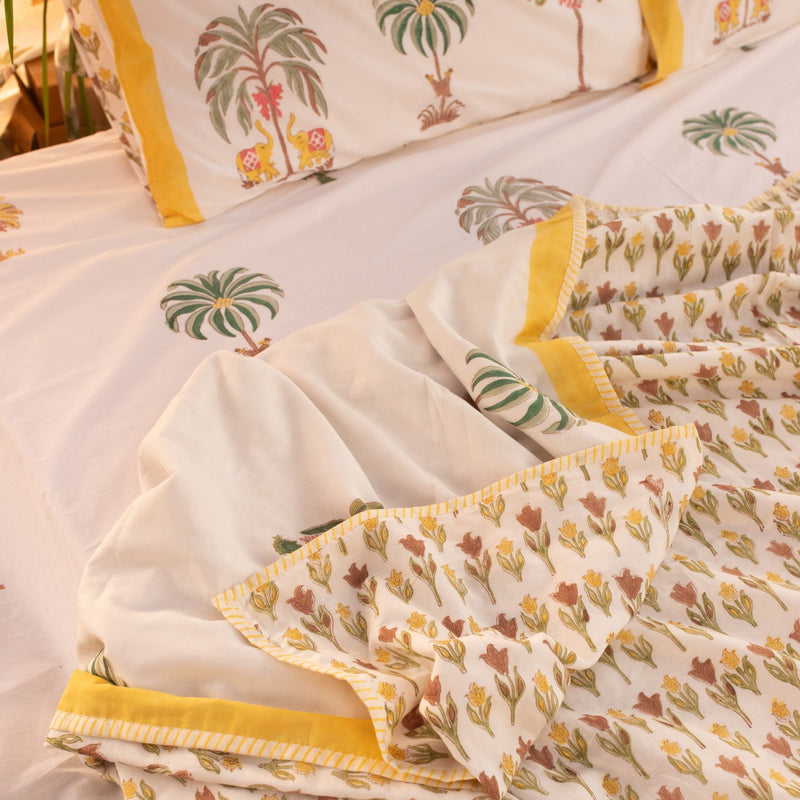 Yellow and Green Kerala Tropical Double Bed Dohar-Quilt Set-House of Ekam