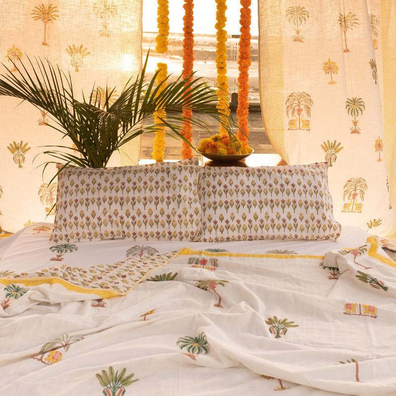 Yellow and Green Kerala Tropical Double Bed Dohar-Quilt Set-House of Ekam