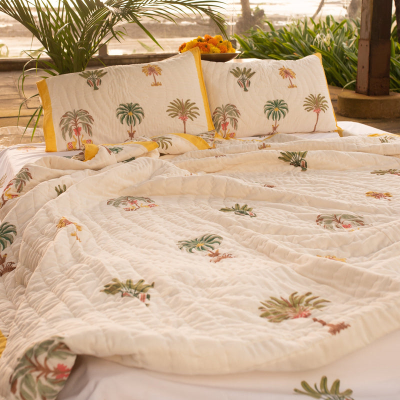 Yellow and Green Kerala Tropical Double Bed Quilt-Quilt Set-House of Ekam