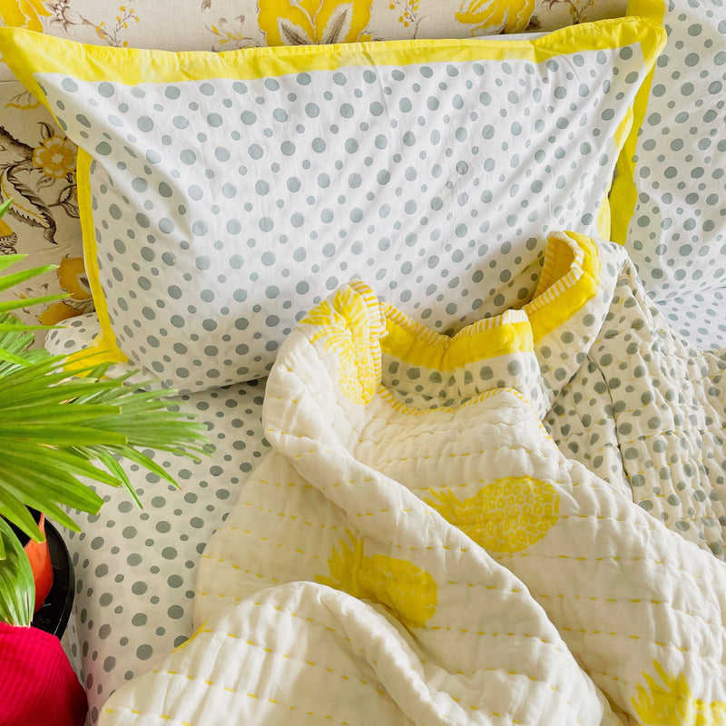 Yellow and Grey Polka Pineapple Reversible Summer Kantha Dohar/Quilt-Quilt Set-House of Ekam